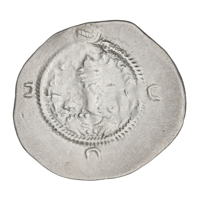 drachma, Khosroes II Anoshirvan (ruler of Persia; 531–579); obverse: bust of Khosroes I facing right wearing a crown on a diadem, to the right a crescent with a star, to the left a star; short curly beard, hair tied back in a lock, beads on the neck (central strand with three triangular beads) and a second long chain, earring of three triangular beads; outside the rim three crescents; Pahlavi legend. Reverse: fire altar; to its left the ruler stands facing forward holding a barsom, to its right a priest stands facing forward holding a barsom; top left a star, top right a crescent, monograms on both sides; pearl border; Pahlavi legend. Date: 537–579. Persia (Sassanid Kingdom). Sassanid art. Coin (drachma): diameter 28.5 × 31.0 mm, weight 4.13 g.