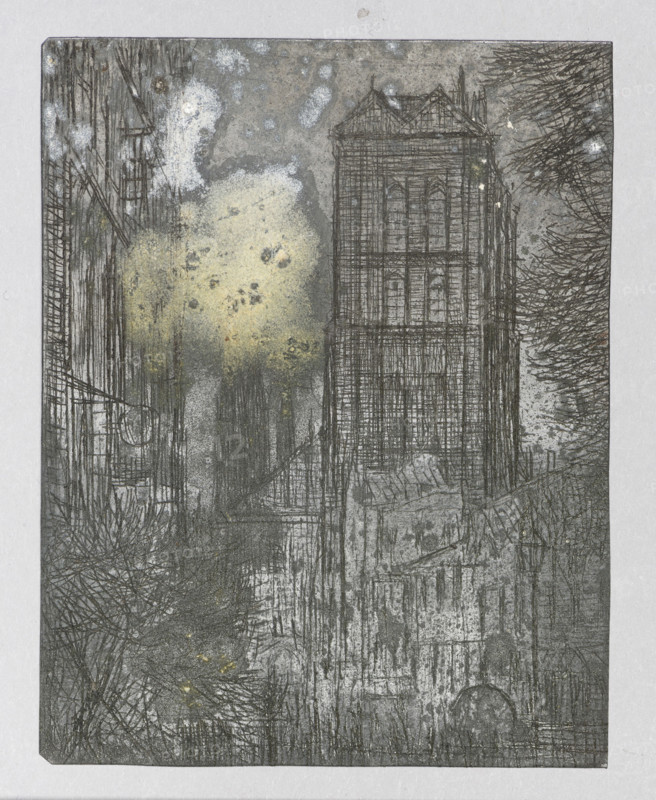 View of St. Mary's Basilica in Gdansk from Piwna Street; verso: View of a medieval building in the Italian type. Artist: Feliks Jablczynski (1865–1928). Tenement houses, cities, landscapes, cityscapes, architectural studies, views, churches, streets, towers. Church of the Assumption of the Blessed Virgin Mary in Gdansk. Polish graphic art, ca. 1924. Graphic matrix/graphic plate; height 8.6 cm, width 6.7 cm., A vertical artwork showing a tall, narrow building with detailed linear etching and arched window shapes, flanked by textured foliage and other architectural forms; a diffuse, cloudlike area of pale yellow and off-white appears against a muted gray background, with several darker gray and black linear marks creating a sense of structure and shadow; there are areas of mottled pale yellow-green and faint white speckles, along with many fine black and dark gray lines suggesting trees, branches, and architectural details, all set within a pale neutral border.