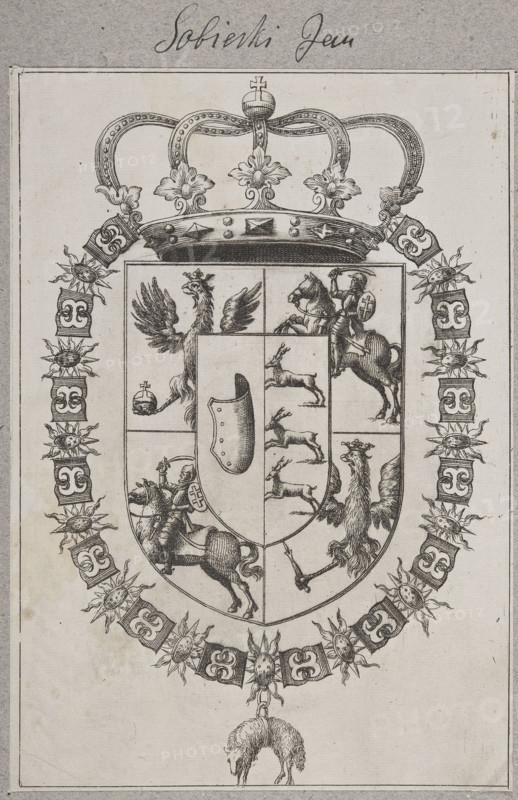 Coat of arms of Jakub Ludwik Sobieski, the so-called Bookplate of Jan III Sobieski. Five-field coat of arms of Sobieski with the Janina coat of arms in the center, the whole under a royal crown. In a circle a chain with the Order of the Golden Fleece suspended at the bottom. Most likely the only existing bookplate of Jan III in Poland, ca. 1695. Print, graphic print, bookplate; height 20.5 cm, width 14.3 cm.
