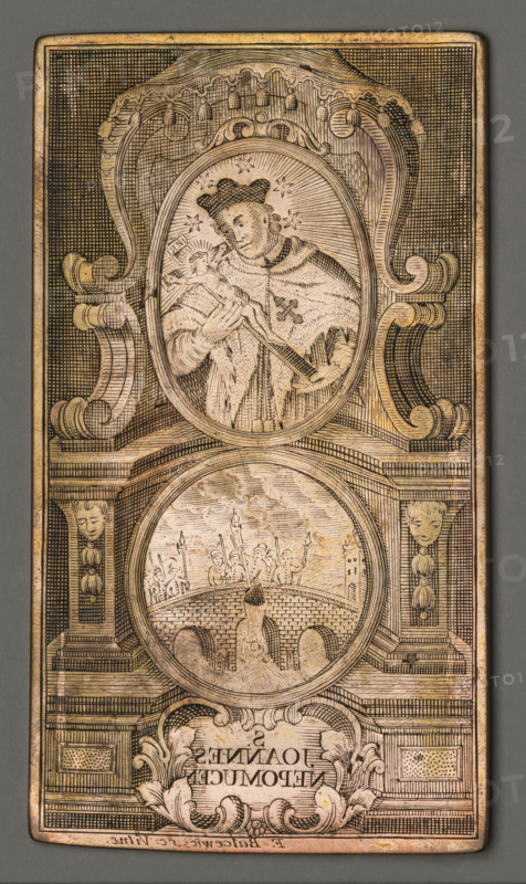 S. JOANNES NEPOMUCEN (Saint John of Nepomuk), Balcewicz, Franciszek Wenceslas (fl. ca 1748-1760), graphic artist, John of Nepomuk (Saint; ca 1350-1393), saints, martyrs, martyrdom, Vltava (Czech Republic; river), crucifixes, Charles Bridge (Prague), architectural decorations, soldiers, devotional representations, religious paintings, 1748-1760, Vilnius, graphic, graphic matrix, graphic plate, height 11.7 cm, width 6.6 cm