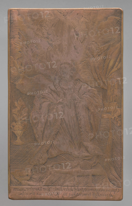 Recto: Saint Thomas a Kempis; verso: Saint Anthony with Child in his arms. Obverse: image of Saint Thomas a Kempis kneeling, on the right a crucifix and an open book; above the saint the Holy Trinity and two angels, on the right a vase of flowers. Reverse: image of Saint Anthony of Padua with the Child in his arms and a lily in his hand. Drawings on the plate made by the same hand with a thin stylus. Inscription at the bottom: 'O quam magna multitudo, dulcedinis Tuae Domine, quam abscondisti timentibus Te! Kempis 1. 3. cw' — a quote from Saint Thomas a Kempis, On the Imitation of Christ. Part of a series of graphic compositions depicting images venerated as objects of cult, mostly made by anonymous engravers often in Vilnius monastery engraving workshops. Attributed dates/places of production: 1780–1810, engraved in Lithuania (some in Lublin and Ventspils). Medium: graphic matrix/plate. Dimensions: height 11.8 cm, width 7.1 cm, thickness 0.1 cm. Makers/subjects noted: Anthony of Padua ...