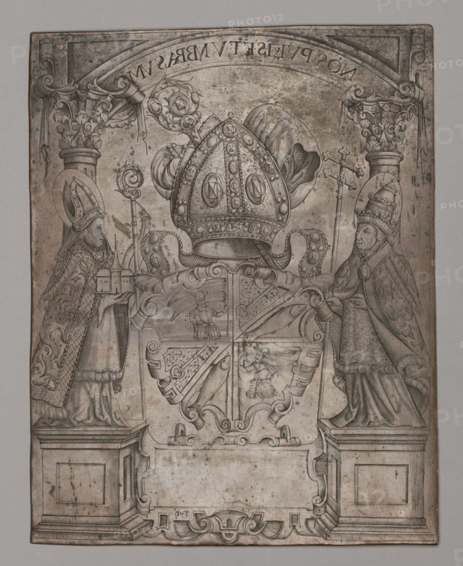 Coat of arms of the Petershausen monastery (recto); Image of Madonna and Child (verso). Monogramist TVB (graphic artist; fl. ca. 1560–ca. 1580), graphic composition; Hendrick van Balen (1575–1632), painter (alleged creator of the painting). Subjects and iconography: coats of arms; quadripartite coat of arms in a scrollwork cartouche under a mitre with a crosier; on both sides, figures standing on plinths against a background of columns forming an arcade; left: holy bishop donor with a model of the temple; right: papal figure with a papal scroll; between the plinths, a horizontal scrollwork cartouche. Reverse: Madonna and Child. Materials, dates and dimensions: oil; recto ca. 1550, verso ca. 1600; graphic matrix/plate and painting; height 28.1 cm, width 22.1 cm. Figures referenced: Mary (mother of Jesus), Child Jesus/Jesus Christ; historical personages cited in iconography include Gebhard II (949–995), Gregory I the Great (ca. 540–604). Order: Benedictines.