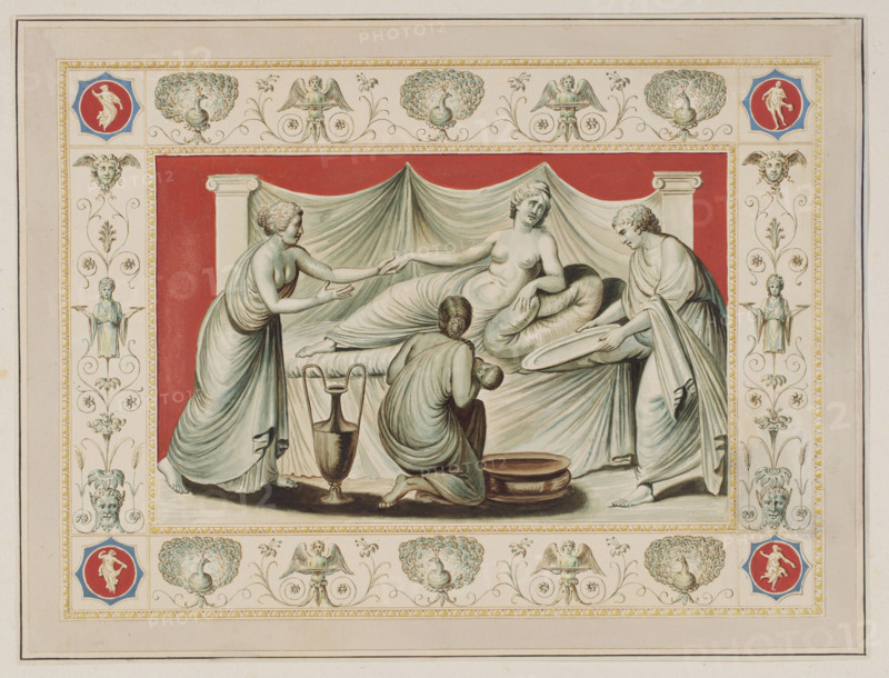 Vestigia delle Terme di Tito. Bacchus' youth. Quadro from the vault decoration of room 25, Carlone, Marco (1742-1796), graphic artist, Smuglewicz, Franciszek (1745-1807), graphic artist, Mirri, Ludovico (1738-1786), publisher, ancient architecture, odrys (archaeol.), Rome (Italy), odrys of decoration, Golden House of Nero (Rome), Baths of Titus (Rome), Helena and Clytemnestra (myth.), Tyndareus (myth.), Castor and Pollux (myth.), Sparta (Greece), peacocks, grotesques (ornament), Vestigia delle Terme di Tito, 1776 - illustration, Italian graphic art, Italian, antiquity, archaeology, mythology, board marked no. 34, in the graphic album page 14 vault decoration in room 25, 1776, Rome, graphic art, colored graphic print, height 32 cm, width 42.2 cm