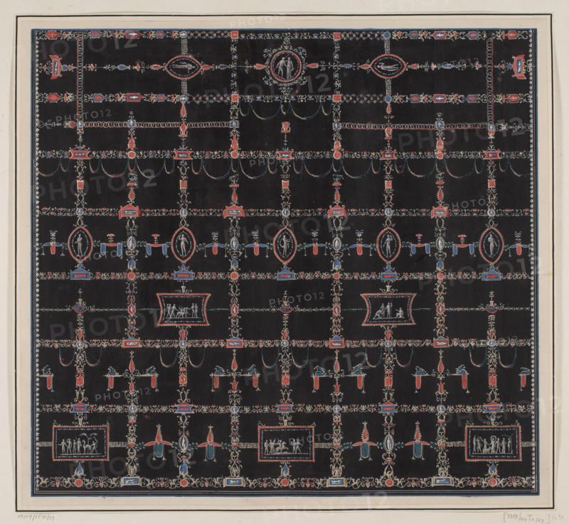 Vestigia delle Terme di Tito. Decoration of the vault called in fondo giallo, in room 24. Carlone, Marco (1742-1796), graphic artist; Smuglewicz, Franciszek (1745-1807), draughtsman; Brenna, Vincenzo (1741-1820), draughtsman; Mirri, Ludovico (1738-1786), publisher. Ancient architecture, traces of decoration, Rome (Italy), traces (archaeol.), cupids, Golden House of Nero (Rome), Baths of Titus (Rome), Chronos (mythology), Time (personification), grotesques (ornament). Vestigia delle Terme di Tito, 1776 — illustration, Italian graphic art, antiquity, archaeology, mythologies. Board marked no. 25, in the graphic album page 38, 1776, Rome. Colored graphic print, height 51.4 cm, width 56.6 cm.