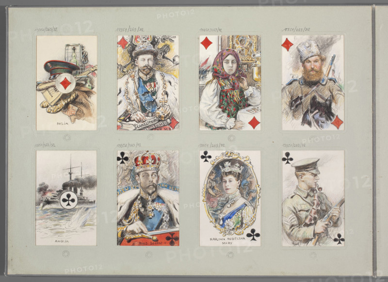 Queen of Clubs — Mary, Queen of the United Kingdom of Great Britain and Ireland, Empress of India; Mary Adelaide Teck (1867–1953). Playing card illustration (clubs suit), drawing by Czeslaw Tanski (1862–1942), 1916–1917, Warsaw. Subjects: queens; World War I era; playing cards. Materials/technique: drawing/illustration.