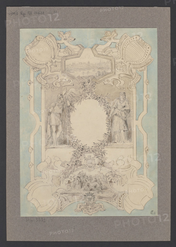 Vignette with a view of Warsaw depicting the extraction of Wanda's body and the figures of Wladyslaw Jagiello and Jadwiga; artist: Wojciech Gerson (1831–1901); subject: Wanda (legend) — iconography, Jadwiga of Anjou (Queen of Poland; Saint; 1373/1374–1399), Wladyslaw Jagiello (King of Poland; ca.1351–1434); vignette/decoration; corpse; ca. 1880; drawing; sheet: height 36.3 cm, width 26.4 cm; backing: height 45.4 cm, width 31.8 cm.