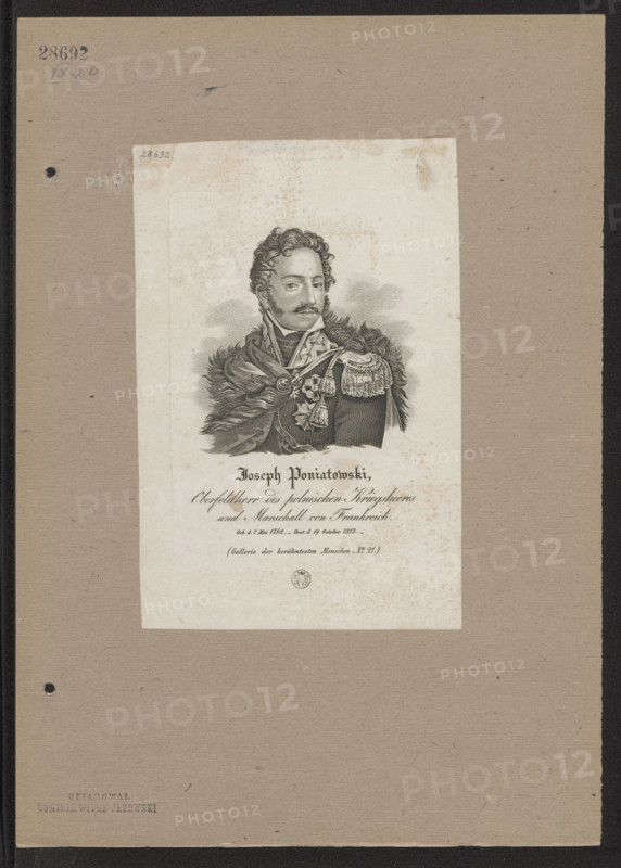 Portrait of Prince Józef Poniatowski, graphic artist; Józef Antoni Poniatowski (1763–1813); Napoleonic era (1799–1815); artist Dominik Witke-Jezewski (1862–1944); iconography, portraits; busts, orders, male portrait; German graphics, Polish; 2nd quarter of the 19th century; graphic print; 15.9 × 11.2 cm (image), 20.7 × 13.5 cm (sheet).