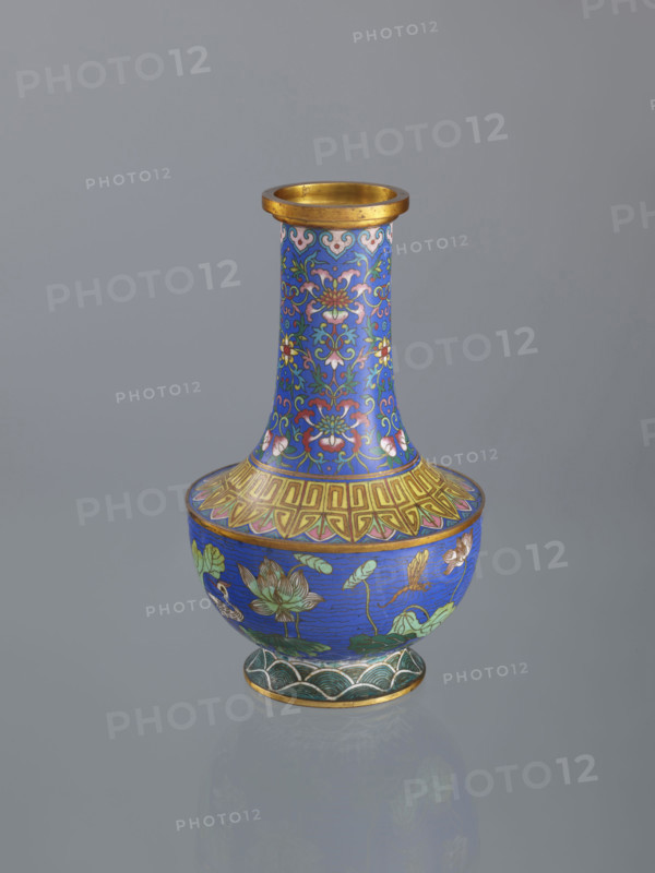Vase; maker: Rubiec-Masalski; artist: Fyodor Vasilyevich (1865–1920?) and Tulisov, Jerzy (1943– ); Chinese art; Chinese; Qing dynasty (1644–1911); Boxer Rebellion (1899–1901); decoration: lotuses, lotus tendril (ornament), plant tendril, flower tendril, waves; technique/material: cloisonné (enamel); 19th century; China; vessel; height 22.7 cm, diameter 12.5 cm