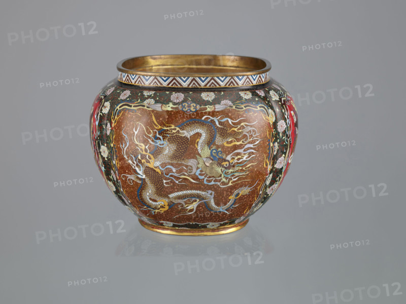 Vase with cover; Japanese; Meiji (1868–1912), late 19th century; cloisonné (enamel); decorated with hoo (phoenix), flowers, plant ornaments, geometric ornament, dragons/Japanese dragon motif; vessel; height 6.0 cm, width 26.0 cm, depth 19.5 cm.