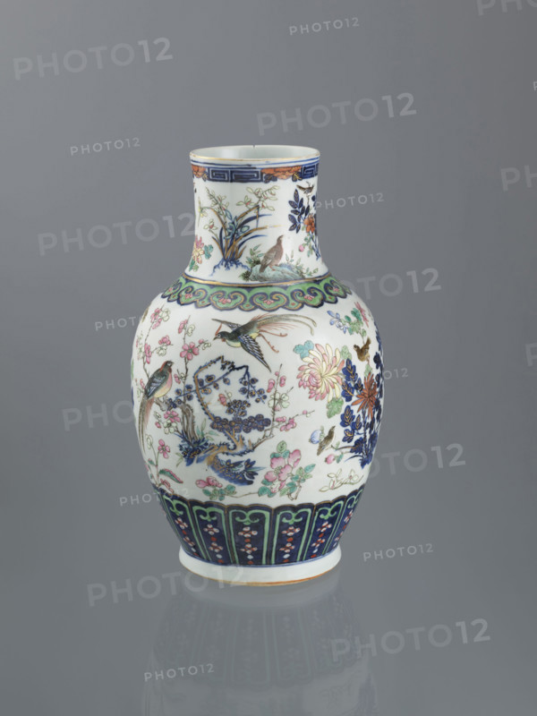 Vase, Chinese, Qing (1644–1911), 19th century, porcelain decorative vessel, height 39.5 cm, diameter 18.5 cm; decorated with peonies, phoenixes, butterflies, lotuses, plum trees, cranes, chrysanthemums, birds, and meander ornament.