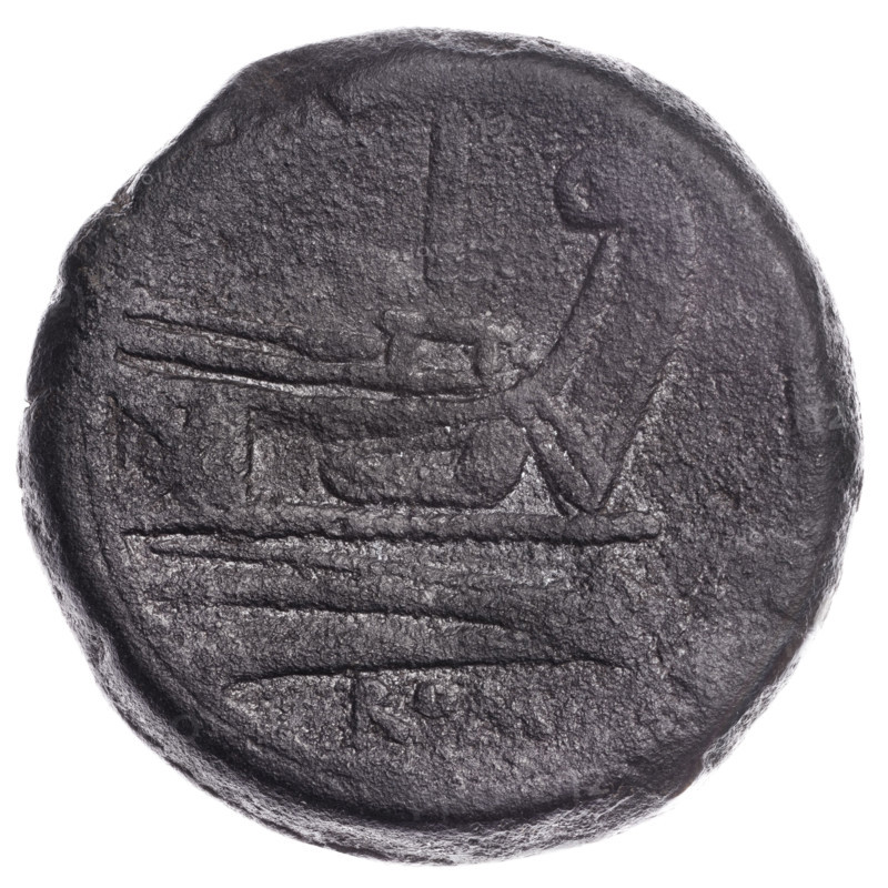 Obv. Head of Janus in a laurel wreath; above value mark I. Continuous border. Rv. Ship's prow at right; above value mark I; below the inscription ROM. Pearl border. After 211 BC, Roman Republic (505–27 BC), Rome. Coin, diameter 35.0 mm, weight 39.78 g, axis 225°. Maker: Protassowicki, Rafal (1894–1957). Iconography: head of Janus, ship's prow; mythological Janus. Publisher/as.