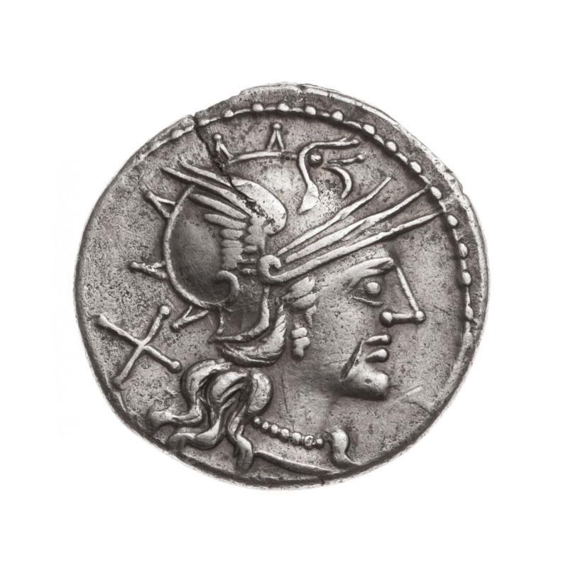 Denarius; issuer: T. Annius Rufus (fl. 144 BC), moneyer. Obverse: Helmeted head of Roma right; behind, value mark X. Beaded border. Reverse: Jupiter in a quadriga right, holding reins and a sceptre in left hand and a thunderbolt in right; below inscription AN RVF (AN and VF ligatured); under the line inscription ROMA. Continuous border. Date: 144 BC. Culture: Roman Republic. Place: Rome. Medium: silver coin. Diameter: 20.4 mm. Weight: 3.71 g. Axis: 90°.