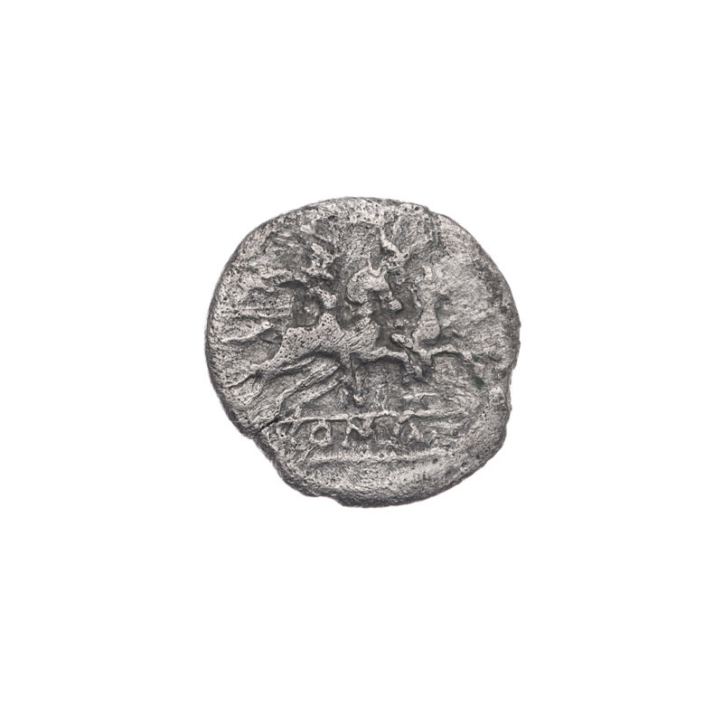 sestertius; Dioscuri on horses; Roma (mythology); Dioscuri (mythology); obv. Head of Roma in a helmet to right; behind her the value mark IIS; pearl border. rev. Dioscuri on horses to right; below in a frame the inscription ROMA; continuous border. 211 BC; Roman Republic (505–27 BC); Rome; coin; diameter 12.2 mm; weight 0.78 g; axis 0° WQXBCFS