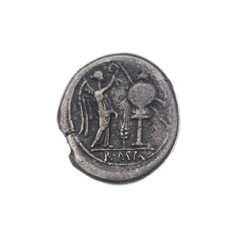 Jupiter (mythology), Jupiter's head, ears of grain, Wiktoria (personification), laurel wreath (attribute), Crowning Victoria. Obverse: Head of Jupiter in a laurel wreath at right. Pearl border. Reverse: Victoria facing right, crowning a trophy; between Victoria and the trophy, an ear of grain; under the line, the inscription ROMA. Continuous border. 211–210 BC, Roman Republic (505–27 BC), Sicily. Coin, diameter 16.0 mm, weight 2.78 g, axis 180 degrees.