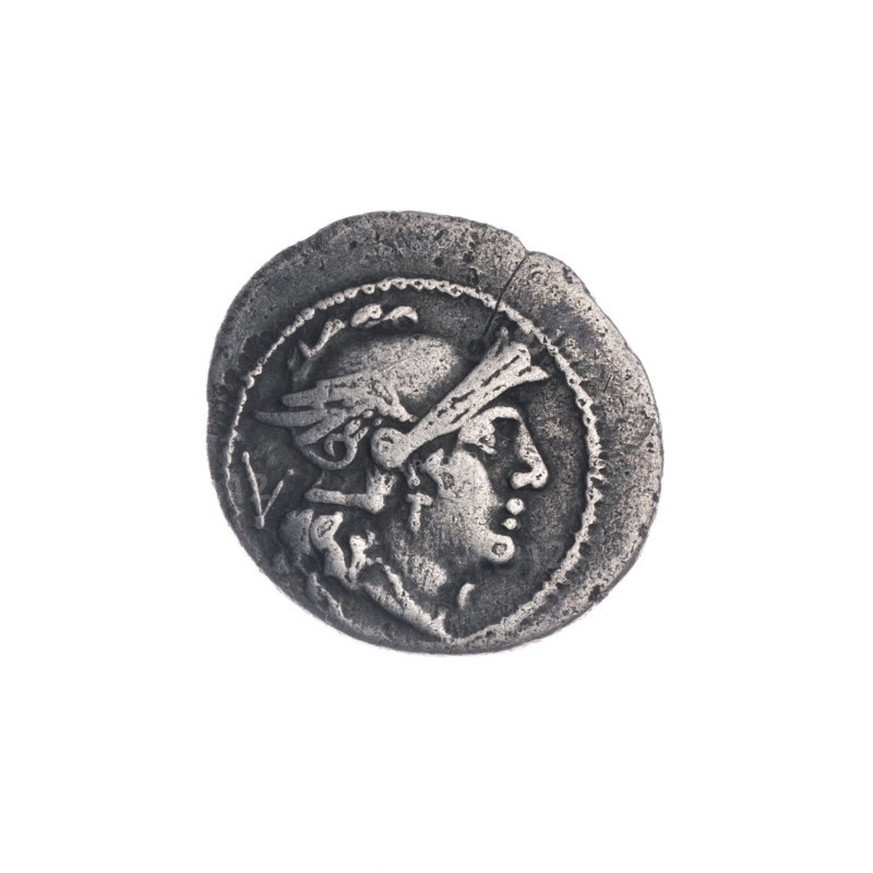 Quinary (coin), publisher; obverse: head of Roma right, behind her the value mark V; pearl border. Reverse: Dioscuri galloping right, below the letter MT (in ligature), under the line the inscription ROMA; continuous border. Dioscuri on horses; horses; head of Roma with helmet. MT issue mark. 211–210 BC. Roman Republic (505–27 BC). Apulia mint. Coin; diameter 16.9 mm; weight 1.90 g; axis 315°.