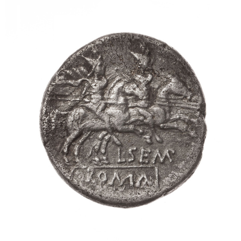 denarius, Sempronius Pitio, L. (fl. 148 BC), publisher; Obv. Head of Roma in helmet at right; behind the inscription PITIO; before it the sign of value X. Pearl border. Rev. Dioscuri galloping on horses at right; below the inscription L.SEMP (MP in ligature); under the line the inscription ROMA. Continuous border. Dioscuri on horses, Roma (mythology), Dioscuri (mythology). 148 BC, Roman Republic (505–27 BC), Rome; coin; diameter 20.0 mm; weight 3.46 g; axis 90 degrees.