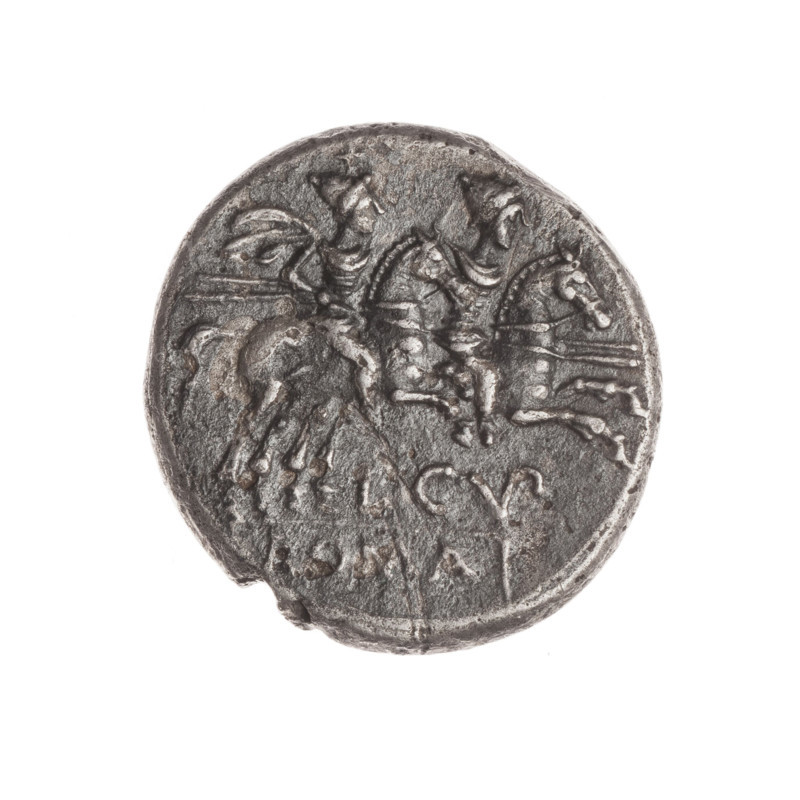denarius; Dioscuri on horses; Dioscuri (mythology); horses; Roma (mythology); cornucopias; head of Roma; helmets. Obv.: Helmeted head of Roma right; behind her a cornucopia; in front of her a value sign X. Beaded border. Rev.: Dioscuri galloping on horses right; below the inscription L.CVP (VP in ligature); below the line the inscription ROMA. Continuous border. 147 BC; Roman Republic (505–27 BC); Rome; coin; dia. 18.4 mm; weight 3.66 g; axis 315° WQXBCFS