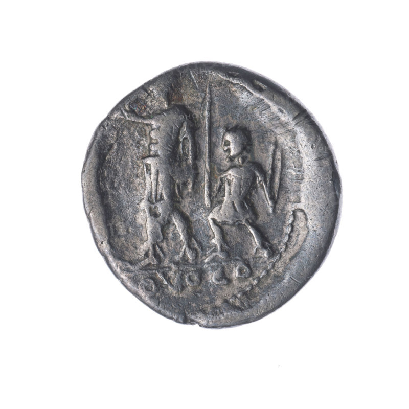 Denarius, Porcius Laeca, P. (fl. 110–109 BC), publisher. Obverse: head of Roma wearing a helmet facing right; above inscription ROMA; behind, inscription P. LAECA (AE in ligature); in front, value sign X. Pearl border. Reverse: figure in military dress with raised hand standing turned left toward a figure in a toga; at right, a figure with rods (one in right hand, two in left); under the line the inscription OVOCO. Bronze? (coin), diameter 18.5 mm, weight 3.62 g, axis 135°, 110–109 BC, Roman Republic.
