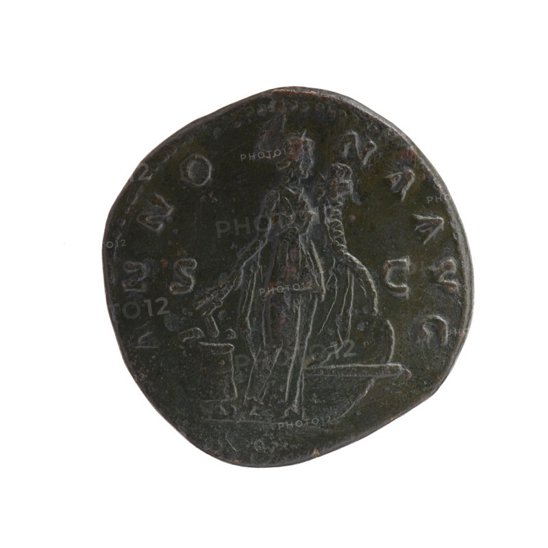 Sestertius, Antoninus Pius (86–161; Roman emperor 138–161), head of the emperor in a laurel wreath; obverse inscription: ANTONINVS AVG PI - VS PP TR P COS III. Reverse: Annona (personification) stands to the right, holding ears of corn above a modius in her lowered right hand and a cornucopia above a ship's prow in her left; reverse inscription: ANNO - NA AVG with S C in fields. Iconography: Antoninus Pius; Annona; ships; cornucopias. Date: 140–144. Roman Empire (27 BC–476), Rome. Coin (sestertius); diameter 32.0 mm; weight 28.55 g; axis 15 degrees.
