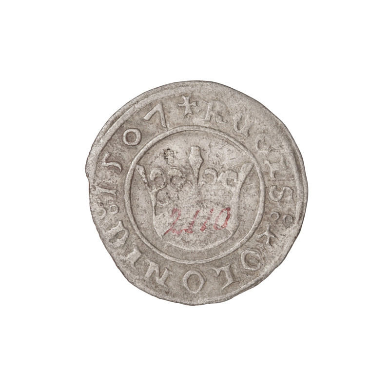 Crown half-grosz, Sigismund I the Old (King of Poland; 1506–1548). Reverse: Polish eagle; in the rim an inscription divided by a cross: MONETA:SIGISMVNDI. Obverse: Royal crown; in the rim an inscription: REGIS:POLONIE:1507. Date: 1507. R1, Poland, coin, diameter 19.0 mm, weight 0.97 g.
