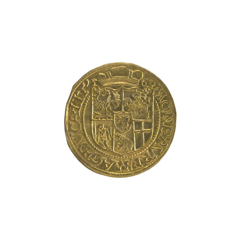 Lithuanian ducat, Sigismund II Augustus (King of Poland; 1544–1572), very good state of preservation, R8 rarity. Obverse: Bust of Sigismund Augustus in a crown, with a longer beard; rim inscription 'SIGIS AVG REX POLO MD LIT,' rim interrupted by the king's crown, pearl rim. Reverse: Under the ducal mitre, a decorative shield with the coats of arms of Poland, Lithuania, Kiev, Samogitia, Volhynia, and the Sforza family; date '1560' flanking the mitre; rim inscription 'MONE AVRE MAG DVCAT LIT,' rim interrupted by the mitre, pearl rim. Genre: Lithuanian coin; motifs: iconography, portraits of rulers, busts, coats of arms. Date: 1560. Place: Vilnius, Poland (Grand Duchy of Lithuania). Medium: coin; diameter 22 mm; weight 3.45 g.