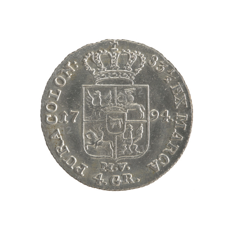 Gold crown (coin), 1794. Obverse: head/portrait of Stanislaw August (Stanislaw August Poniatowski), inscription around rim: 'STANISLAUS AUG.DGREX POL.MDL'. Reverse: under a crown, a five-field coat of arms showing Poland (eagle), Lithuania (Pogon), and the Poniatowski family (Ciolek); date shown as 17-94, letters 'MV' and '4.GR.' at bottom; surrounding inscription divided by a crown: '83½ EX MARCA-PURA COLON:' Edge: obliquely ribbed. Metal: (gold). Diameter: ca. 26.4–26.6 mm. Weight: 5.35 g. Polish–Lithuanian Commonwealth (1569–1795), Warsaw, Poland.