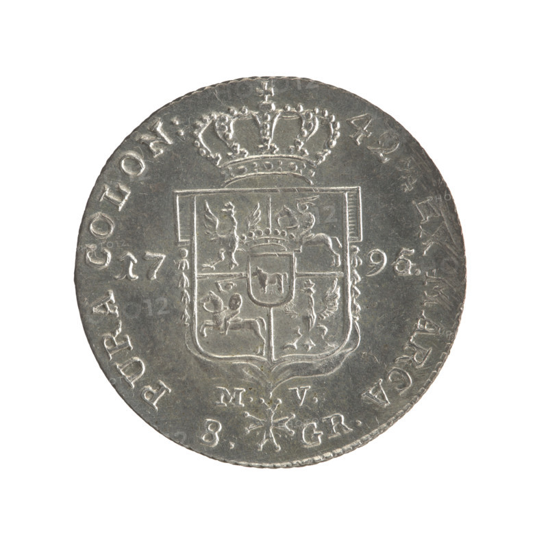 2 gold crown coins, Stanislaw August Poniatowski (King of Poland; 1732–1798; reign 1764–1795). Obverse: Head of Stanislaw August, inscription around the rim: STANIS, AUG.DGREX POL.MDL. Reverse: Under a crown, a five-field coat of arms with the coats of arms of Poland (Eagle), Lithuania (Pogon) and the Poniatowski family (Ciolek); on the sides the date 17 - 95; below the shield on a ribbon the Order of the White Eagle; on its sides the letters M. - V. and 8. - GR.; inscription in the rim: 42, X MARCA - PURA COLON:. Edge diagonally fluted. 1795. Polish–Lithuanian Commonwealth. Warsaw, Poland. Coin; diameters 28.9 mm and 29.0 mm; weight 9.37 g.