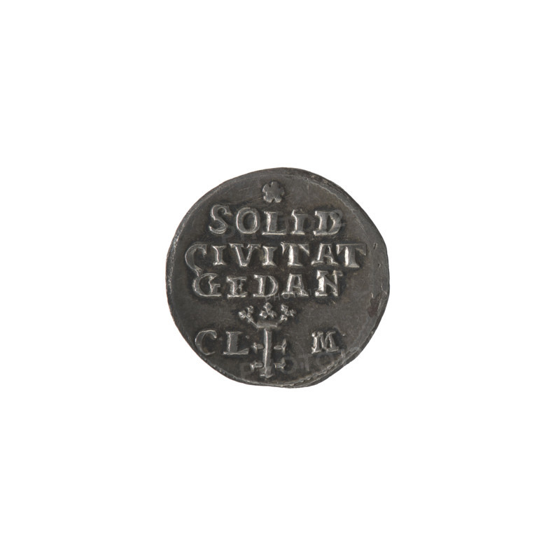 Gdansk trial szelag?, Monogramist CLM (1793); trial coin. Obverse: Under the crown, a tied monogram composed of the letters SAR, flanked by 17 - 93, pearl border. Reverse: Under the rosette, inscription in three lines: SOLID/CIVITAT/GEDAN, below the coat of arms of Gdansk, with the signature CL - M., pearl border. 1793. Polish–Lithuanian Commonwealth; Gdansk, Poland. Coin; diameter 16.0–16.3 mm, weight 1.79 g.