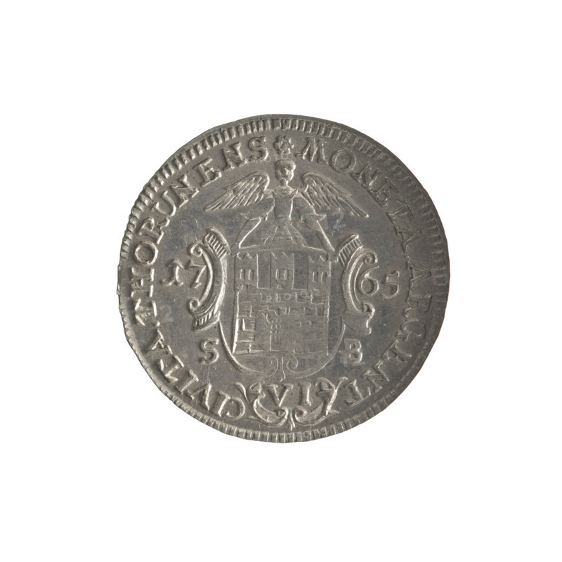 Six-coin, 1765. Obverse: right-facing crowned head of Stanislaw August, around inscription divided at the bottom: DGSTANISL.AVGV.R.POL.MDLRP -, pearl border. Reverse: shield with the Torun coat of arms held by an angel, date on the sides: 17 - 65, below signature: S - B, under the shield number of values: VI, around the inscription divided at the bottom starting with a rosette .MONETA.ARGENT - CIVITA.THORUNENS, pearl border. Maker/inscription: S-B. Ruler: Stanislaw August Poniatowski (King of Poland; 1732–1798). Materials/style: coin (silver), city coin with coats of arms, iconography includes ruler’s head and Torun coat of arms. Place: Torun, Polish–Lithuanian Commonwealth. Dimensions: diameter ~23.8–24.2 mm; weight 3.01 g.