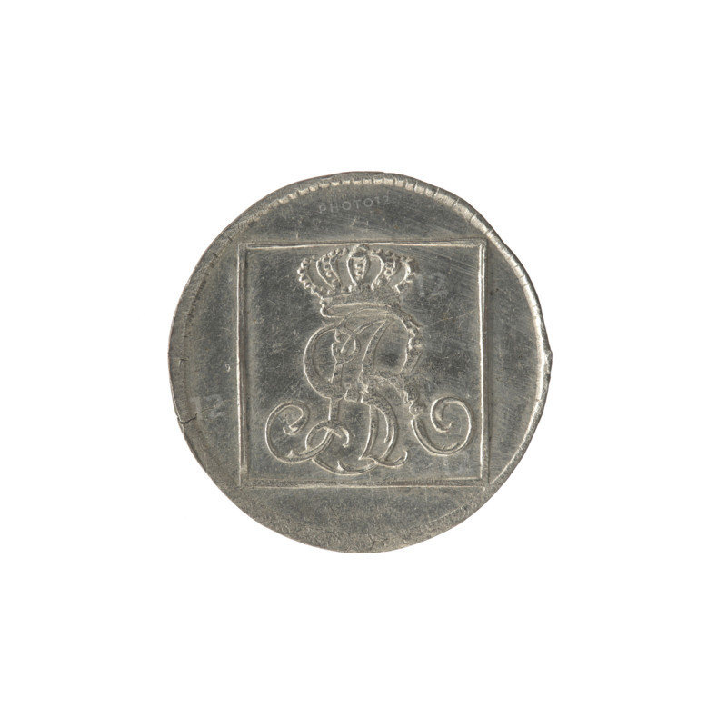 silver crown grosz; maker: Schröder, Justyn (master of the Warsaw mint 1768–1772); depicted ruler: Stanislaw August Poniatowski (king of Poland; 1732–1798; reign 1764–1795); subject: Polish coin with tied royal monogram SAR under a crown; materials/style: silver, crown coins, monograms, inscriptions; obverse: in a square frame under a crown a tied monogram composed of the letters SAR, pearl border; reverse: in a square frame an inscription in five lines: '320/EX/MARCA/PURA.COL./1768.', square sides: '1.GR./R.POL./MDL/IS', pearl border; date: 1768; historical context: Polish–Lithuanian Commonwealth (1569–1795), Warsaw, Poland; function: coin; dimensions: diameter ca. 21.2–21.5 mm, weight 1.94 g.