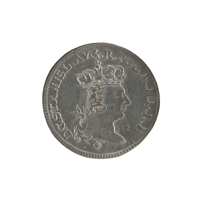 Torun six-coin, Stanislaw August Poniatowski (King of Poland; 1764–1795), Brückmann, Szymon (fl. 1764–1768). Obverse: Turned right, crowned head of Stanislaw August, around the inscription divided at the bottom: DGSTANISL.AVG.R.POL.MDLRP, border of pearls. Reverse: Shield with the Torun coat of arms held by an angel, date on the sides: 17 - 65, below signature: S - B, under the shield number of values: VI, around the inscription beginning with a rosette: .MONETA.ARGENT - CIVITA.THORUNENS, pearl border. 1765. Polish–Lithuanian Commonwealth (1569–1795), Torun, Poland. Coin; diameter 23.4–23.6 mm, weight 3.15 g.