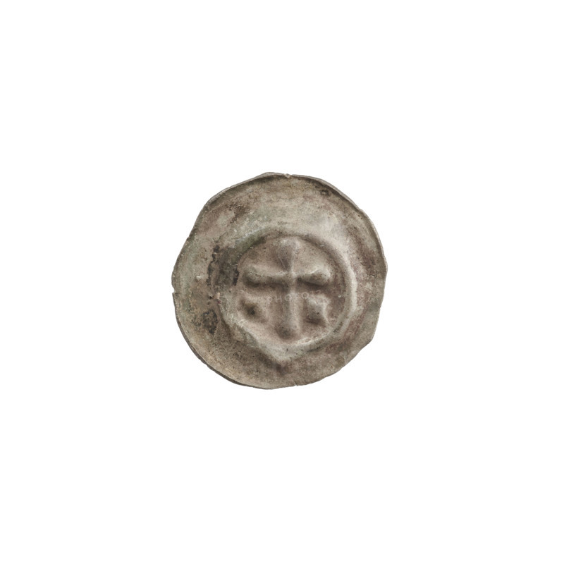 Denarius bracteate, one-sided coin depicting a Latin cross with rounded arm ends; on both sides of its longer arm, one diagonal equal-armed cross; additional equal-armed crosses; crosses with rounded arm ends similar to rhombuses. Iconography: Latin cross (rounded arm ends), equal-armed crosses. Teutonic Knights (order). Ca. 1317/1318–ca. 1327/1328. Coin (one-sided). Diameter 15.2 mm; weight 0.23 g.