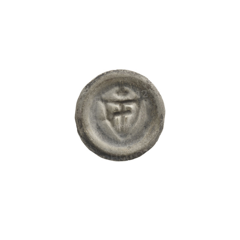 Denarius - bracteate: triangular shield with a cross whose arms reach the edge; horizontal beam slightly oblique; shield with cross I (iconographic); shields; crosses; one-sided coin; associated with the Teutonic Knights (Order). Inscription/description: above the shield is a cross. Date: ca. 1307/1308–ca. 1317/1318. Type: coin (one-sided). Diameter: 14.6–14.8 mm. Weight: 0.21 g. WQXBCFS