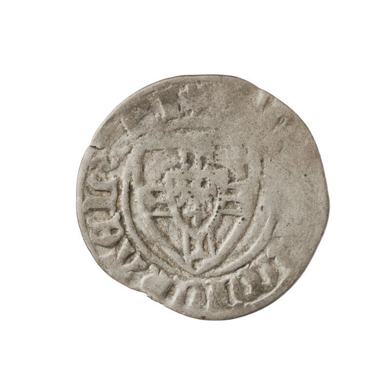 Teutonic szelag, Michal Küchmeister (Grand Master; 1414–1422). Obverse: monastic shield of the Grand Master, the crossbars at the ends of the arms of the cross are arched; in the rim, between pearly borders, an inscription. Reverse: monastic shield; in the rim, between pearly borders, an inscription. Date: 1414–1416. Teutonic Order (1226–1525), Gdansk. Coin, diameter 21.8 mm, weight 1.16 g, axis 270°.