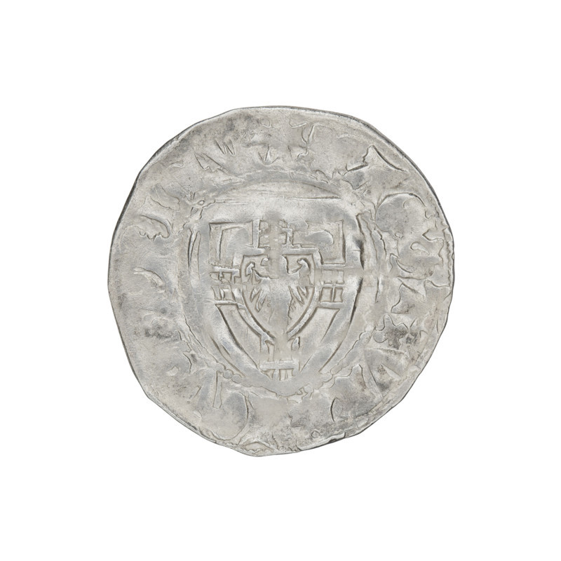 Teutonic szelag, Ulrich von Jungingen (Grand Master; 1407–1410); Mynlein, Dietz (fl. 1394–1409), publisher. Obverse: Teutonic Knights' shield (iconographic). Reverse: Teutonic Knights' shield (iconographic). On the rim, between the pearl borders, the inscription. Date: 1407–1410. State of the Teutonic Order (1226–1525). Gdansk mint. Coin; diameter 21 mm; weight 1.57 g; axis 100°.