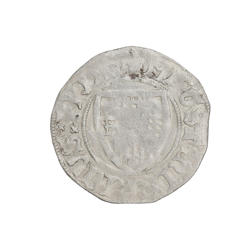 Teutonic szelag, Henryk von Plauen (Grand Master; 1410–1413). Obverse: Teutonic shield of the Grand Master; in the rim between the pearly borders, an inscription. Reverse: Teutonic shield; in the rim between the pearly borders, an inscription. Date: 1410–1413. Issued by the State of the Teutonic Order (1226–1525), Gdansk. Coin; diameter 21.6–21.8 mm, weight 1.34 g, axis 315°.