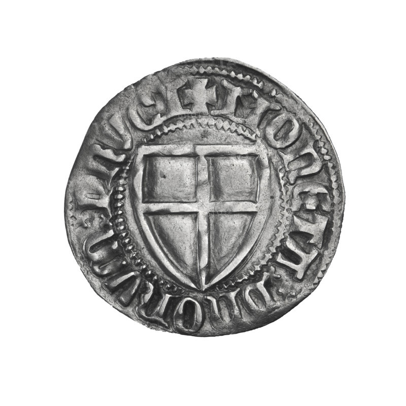 Teutonic szelag, Konrad Zöllner von Rothenstein (Grand Master; 1382–1390). Obverse: Teutonic shield of the Grand Master; on the rim, between the pearly borders, an inscription. Reverse: Teutonic shield; on the rim, between the pearly borders, an inscription. c. 1382. State of the Teutonic Order (1226–1525), Torun. Coin; diameter 21.9 mm; weight 1.62 g; axis 135°. R6 (rarity).