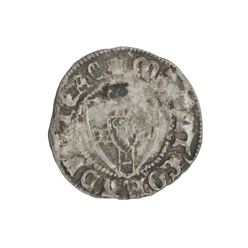 Teutonic szelag, Konrad von Jungingen (Grand Master; 1393–1407). Obverse: monastic shield of the Grand Master (iconographic). Reverse: monastic shield; above the upper right field of the shield, a small wedge adjacent to its edge on the left. On the rim, between the pearl borders, an inscription. Dates inscribed: 1393–1407. Teutonic Knights (order). State of the Teutonic Order (1226–1525). Cities associated: Torun, Malbork, Gdansk. Coin; diameter ~21.1–21.3 mm; weight 1.62 g; axis 225°.