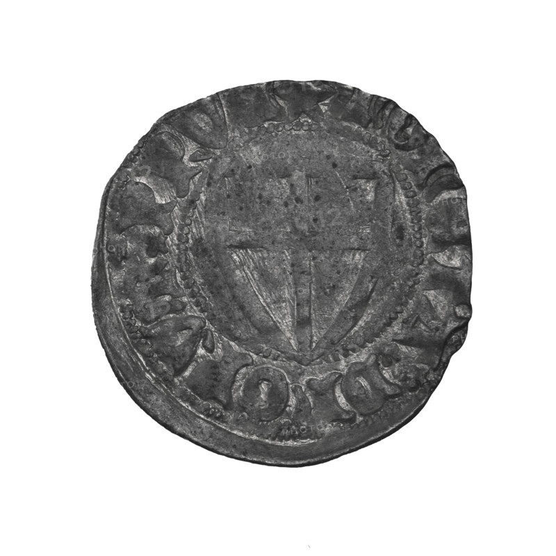 Teutonic szelag, Michal Küchmeister (Grand Master; 1414–1422). Obverse: Teutonic Knights' shield (iconographic). Reverse: Teutonic Knights' shield (iconographic). In the rim, between the pearly borders, an inscription. Date: 1414. State of the Teutonic Order (1226–1525). Mint: Gdansk. Coin; diameter 21.4 mm; weight 1.58 g; axis 0°.