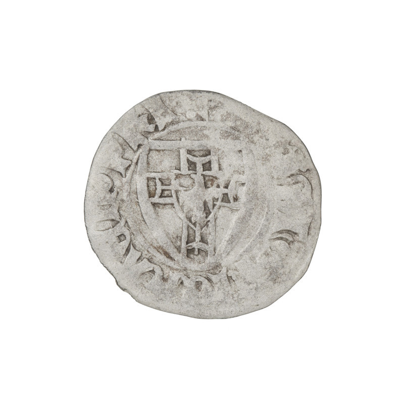 Teutonic szelag, Michal Küchmeister (Grand Master; 1414–1422). Obverse: monastic shield of the Grand Master (Teutonic shield iconography); crossbars at the ends of the arms of the cross are arched. In the rim, between the beaded borders, an inscription. Reverse: monastic shield; in the rim, between the beaded borders, an inscription. Date: 1414–1416. State of the Teutonic Order (1226–1525). Gdansk. Coin; diameter 20 mm; weight 1.56 g; axis 30°.
