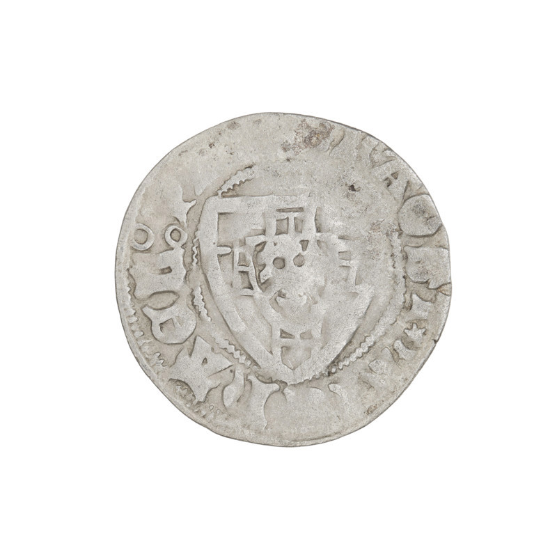 Teutonic szelag, Michal Küchmeister (Grand Master; 1414–1422). Obverse: monastic shield of the Grand Master (iconographic); crossbars at the ends of the arms of the cross are arched. On the rim, between beaded borders, an inscription. Reverse: monastic shield; on the rim, between beaded borders, an inscription. Date: 1414–1416. State of the Teutonic Order (1226–1525). Gdansk mint. Coin; diameter 20.3 mm; weight 1.20 g; axis 45°.