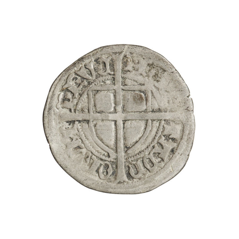 Teutonic szelag, Paul von Russdorf (Grand Master; 1422–1441). Obverse: monastic shield of the Grand Master with a cross whose elongated, widening arms divide the rim legend and reach the outer rim; on the rim, between pearly borders, an inscription. Reverse: monastic shield with a cross with elongated arms dividing the rim legend and reaching the outer rim; in the rim between the pearl borders there is an inscription. Date: 1425–1441. State of the Teutonic Order (1226–1525), Torun. Coin; weight 1.48 g; axis 270°.