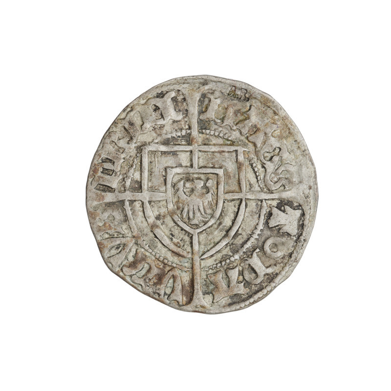 Teutonic szelag, Pawel von Russdorf (Grand Master; 1422–1441). Obverse: Monastic shield of the Grand Master with a cross whose elongated, widening arms divide the rim legend and reach the outer rim; on the rim, between the pearly rims, an inscription. Reverse: Teutonic shield with a cross with elongated arms dividing the rim legend and reaching the outer rim; on the rim, between the pearly rims, an inscription. Date: 1425–1441. State of the Teutonic Order (1226–1525), Torun. Coin, diameter 20.5 mm, weight 1.69 g, axis 225°. AR mark. Teutonic Knights (order).