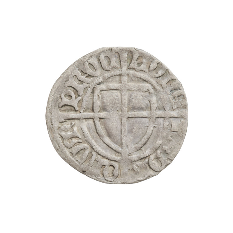Teutonic szelag, Paul von Russdorf (Grand Master; 1422–1441). Obverse: monastic shield of the Grand Master with a cross whose elongated, widening arms divide the rim legend and reach the outer rim; a dot above the upper right field of the shield; rim inscription between pearly borders. Reverse: monastic shield with a cross with elongated arms dividing the rim legend and reaching the outer rim; a dot above the upper right field of the shield; rim inscription between pearl borders. Date: 1425–1441. State of the Teutonic Order (1226–1525). Torun. Coin; diameter 20.5 mm; weight 1.44 g; axis 280°.