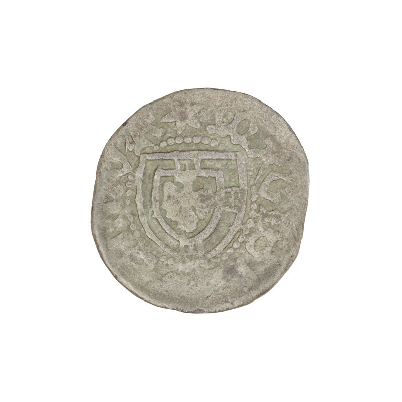 Teutonic szelag, Marcin Truchsess von Wetzhausen (Grand Master; 1477–1489), Wesner, Hans (fl. 1480–?), publisher (from 1480). Teutonic shield (iconographic); Teutonic Knights' monastic shield (iconographic); Teutonic Knights (order). Obverse: monastic shield of the Grand Master; on the rim between the pearl borders an inscription. Reverse: monastic shield; on the rim between the pearl borders the inscription 1477–1489. State of the Teutonic Order (1226–1525), Königsberg. Coin; diameter 19.3 mm; weight 1.38 g; axis 0°.