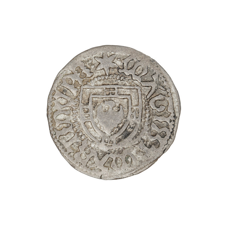 Teutonic szelag, Marcin Truchsess von Wetzhausen (Grand Master; 1477–1489), Wesner, Hans (fl. 1480–?), publisher (from 1480). Teutonic shield (iconographic), monastic shield of the Grand Master (iconographic). Obv. Monastic shield of the Grand Master. On the rim, between the pearl borders, the inscription. Rev. Monastic shield. In the rim between the pearl borders there is an inscription, 1477–1489. State of the Teutonic Order (1226–1525), Königsberg. Coin, diameter 19.6 mm, weight 1.40 g, axis 150°.