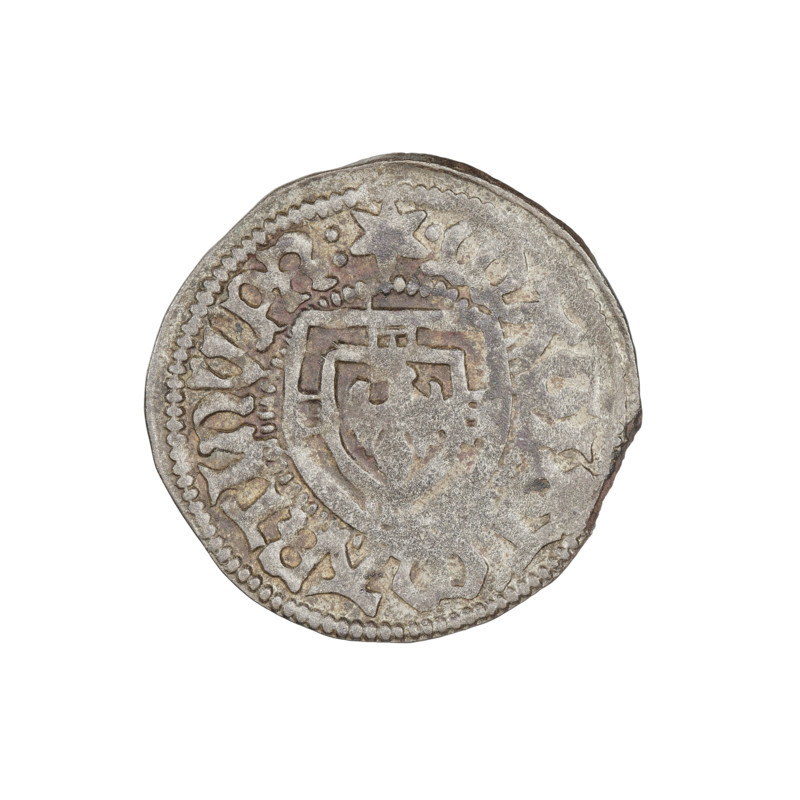 Teutonic szelag, Marcin Truchsess von Wetzhausen (Grand Master; 1477–1489), Wesner, Hans (fl. 1480–?), publisher (from 1480). Obverse: monastic shield of the Grand Master; on the rim between the pearl borders the inscription. Reverse: monastic shield; in the rim between the pearl borders an inscription, 1477–1489. Iconography: Teutonic shield, monastic shield of the Grand Master; Teutonic Knights (order). State of the Teutonic Order (1226–1525), Königsberg. Coin, diameter 20.8 mm, weight 1.35 g, axis 45 degrees.
