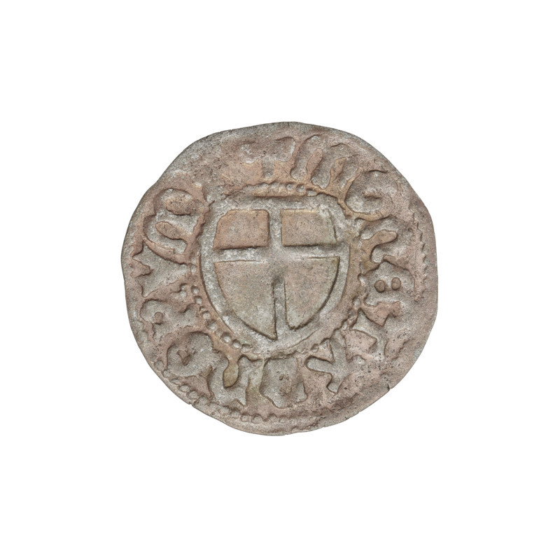 Teutonic szelag, Jan von Tiefen (Grand Master; 1489–1497); publisher: Wesner, Hans (fl. 1480–?). Lily-shaped cross (iconographic); monastic shield of the Grand Master (iconographic); Teutonic shield (iconographic); Teutonic Knights (order). Obverse: monastic shield of the Grand Master with a cross whose elongated arms, ending in lilies, divide the rim legend and reach the outer rim. Rim inscription. Reverse: monastic shield. Inscription: 1489–1497. State of the Teutonic Order (1226–1525), Königsberg. Coin; diameter 19.0–19.2 mm; weight 0.88 g; axis 225°.