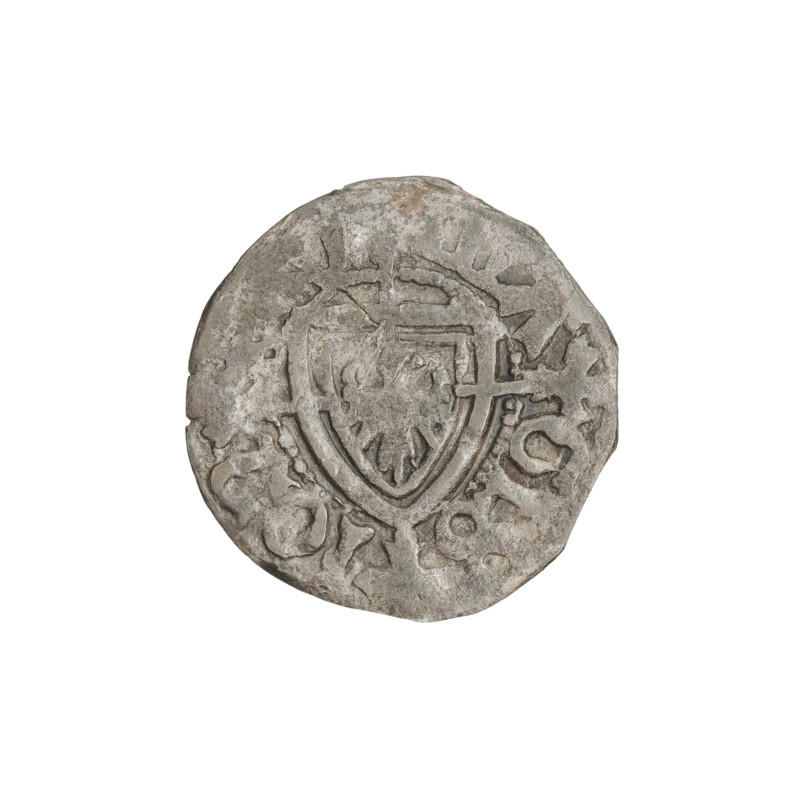 Teutonic szelag, Jan von Tiefen (Grand Master; 1489–1497); publisher: Wesner, Hans (fl. 1480–?; from 1480). Teutonic shield (iconographic); monastic shield of the Grand Master (iconographic); lily-shaped cross (iconographic); Teutonic Knights (order). Obverse: monastic shield of the Grand Master with a cross whose elongated arms, terminating in lilies, divide the rim legend and reach the outer rim. Rim inscription. Reverse: monastic shield. Inscription includes the dates 1489–1497 and reference to the State of the Teutonic Order (1226–1525), Königsberg. Coin; diameter 18.7 mm; weight 1.13 g; axis 225°.