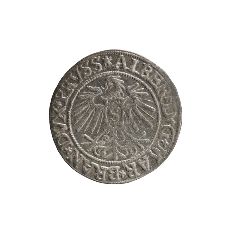 grosz; Vogelwaider (Vogelwaid), Eustachius, publisher; Decius, Jost Ludwik (fl. 1528–1535); R (rarity); eagles; Albrecht Hohenzollern (Prince of Prussia; 1490–1568) — iconography; male busts in armor; Hohenzollern (coat of arms). Obv.: Prussian eagle, on its chest a crowned letter S. On the rim between the pearl borders an inscription beginning with a rosette ALBER*D*G*MAR*BRAN*DVX*PRVSS. Rev.: Male bust in armor, profile turned to the right, short hair, beard with sideburns. On the rim, between the pearl borders, an inscription beginning with the Hohenzollern coat of arms: *IVSTVS*EX*FIDE*VIVIT*I537*. 1537, Königsberg, Ducal Prussia (1525–1701). Coin: diameter 23.6 mm; weight 1.99 g; axis 180 degrees.